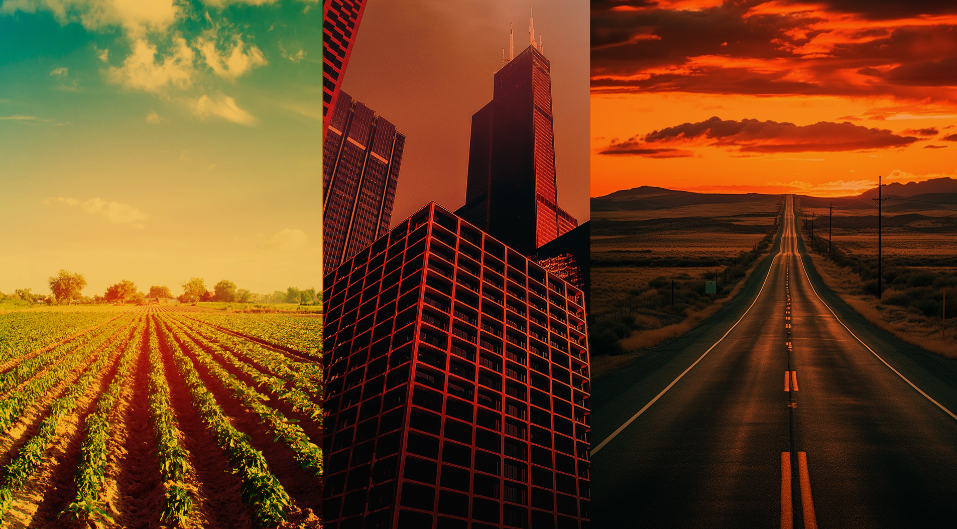 Montagem de três imagens: à esquerda, um campo agrícola sob céu azul com nuvens; ao centro, arranha-céus de vidro refletindo a luz do pôr do sol; à direita, uma longa estrada reta que se estende para o horizonte sob um céu crepuscular.