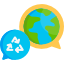 Ícone de sustentabilidade com uma seta de reciclagem azul e um globo terrestre dentro de uma bolha de fala.
